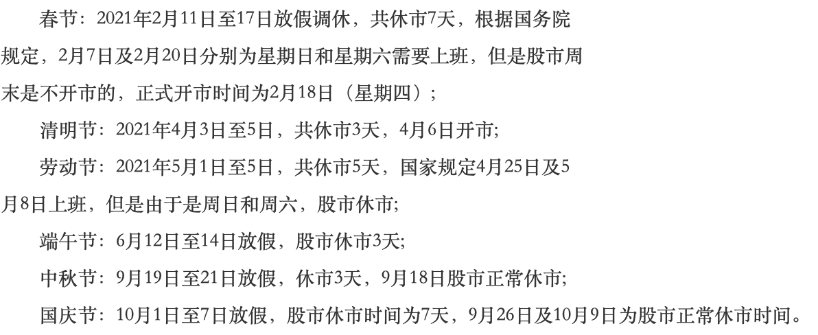 2021股市休市安排-今年股票什么時候