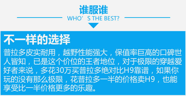 價格方面，兩車的價格沒有什么可比性，H9的價格幾乎是普拉多的一半價格。但論外觀上卻一點沒有要輸的意思。