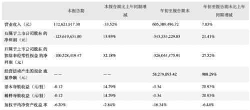三季報顯示,公司前三季度歸母凈利潤虧損3.44億元;營業收入6.05億元 三季報顯示,公司前三季度歸母凈利潤虧損3.44億元;營業收入6.05億元