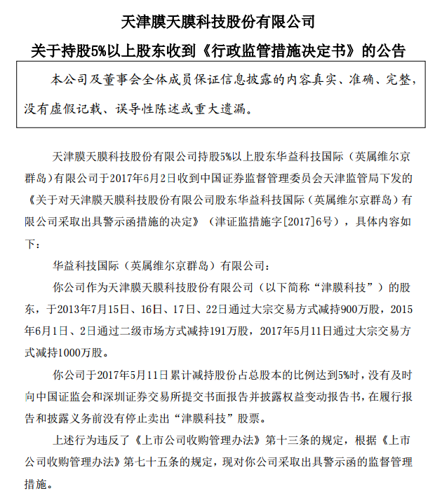津膜科技股東華益科技違規減持 被天津證監局警示處罰