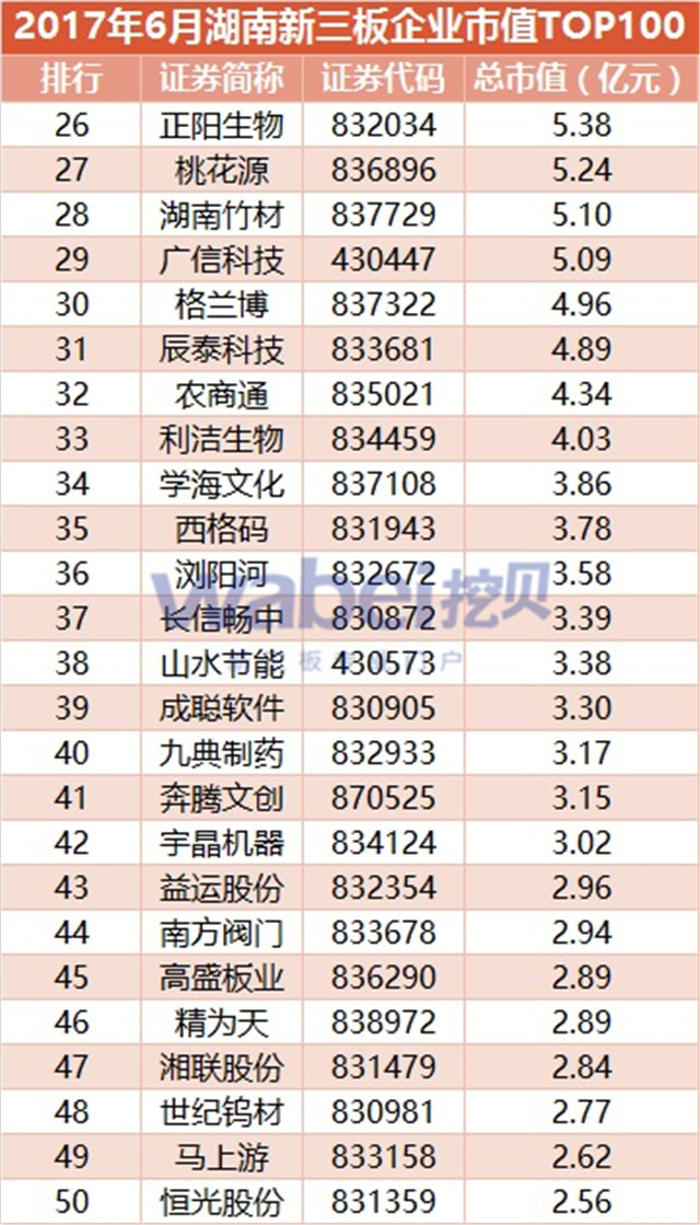 2017年6月湖南新三板企業市值TOP100（挖貝新三板研究院制圖）2