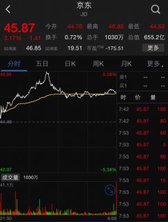 中國電商京東在美股納斯達克股價近日連續漲高