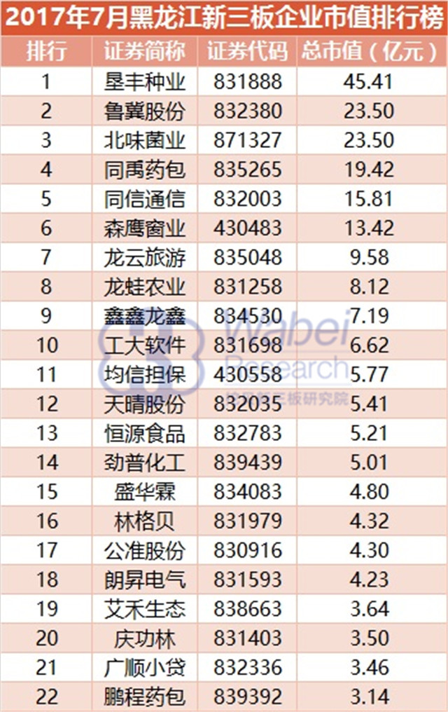 新三板報告  2017年7月黑龍江新三板企業市值排行榜發布