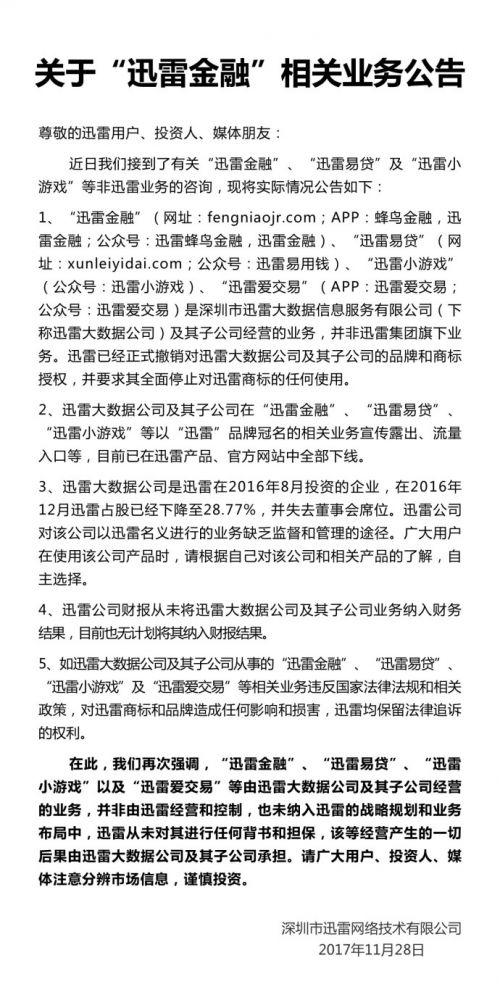 迅雷撤銷對大數據公司品牌及商標授權 迅雷金融等被下線