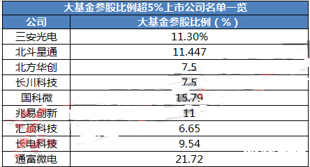 大基金參股比例超過5%的公司具體名單