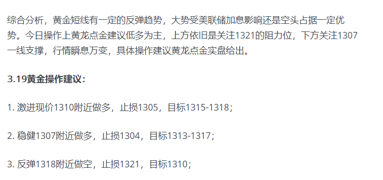 黃龍點金：3.20黃金操作建議，昨日空單止盈十美金