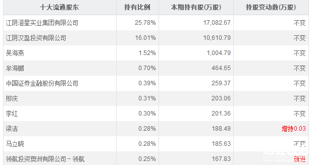 澄星股份股票十大流通股東