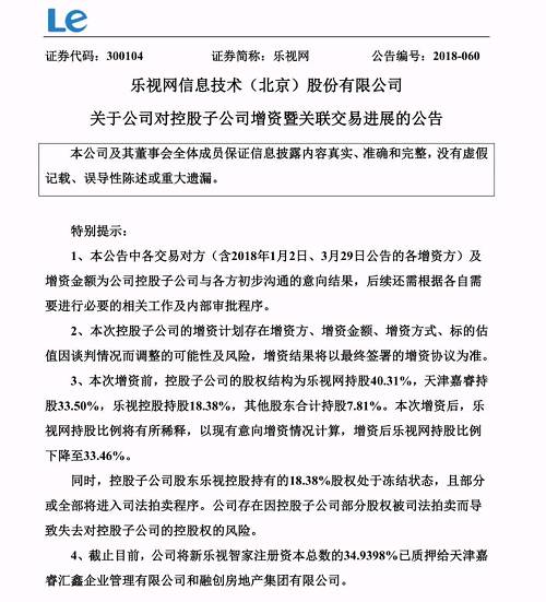 截止當日，已確定投資方及增資金額為：樂視網以債權作價投入3億元，天津嘉睿現金增資3億元，設計谷以債權2.40億元增資。