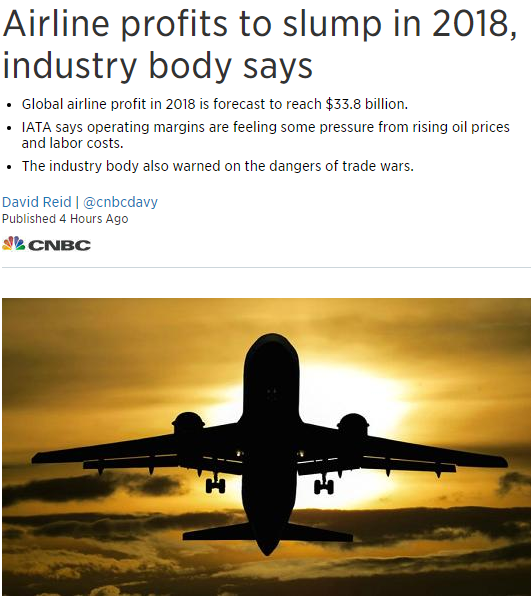 空業表示2018年航空公司利潤將大幅下滑 